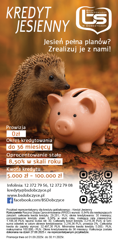 Ulotka oferty kredytu jesiennego 2025. Prowizja 0 zł, okres kredytowania do 36 miesięcy, oprocentowanie stałe 8,5% w skali roku, kwota kredytu od 5000 do 100000 zł. Promocja trwa od 01.09.2025 do 30.11.2025.